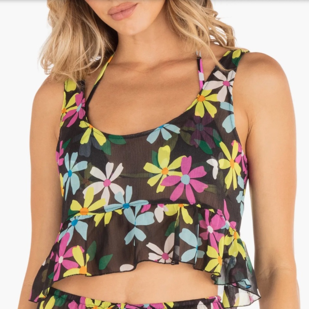 HURLEY Daisy Pop Flounce Tank SZ XL Sheer Bright Floral Tank Black New With Tags